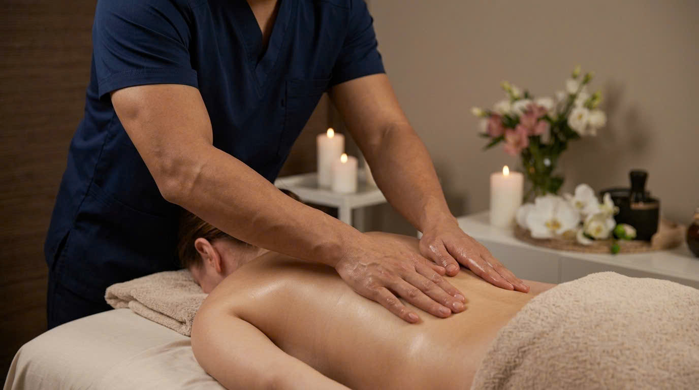 Kỹ thuật viên thực hiện thao tác massage body ấn huyệt lưng vai gáy cho khách hàng