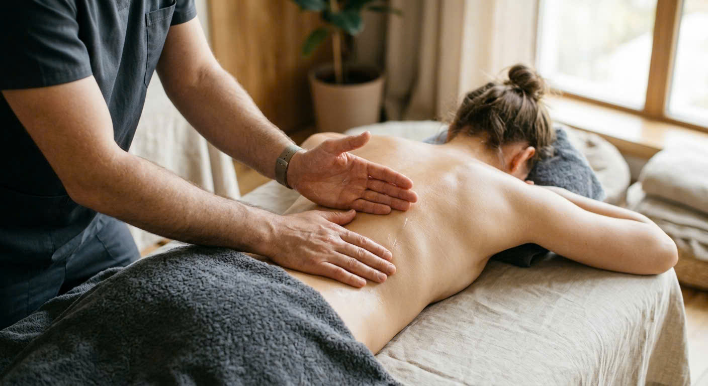 Thao tác massage thả lỏng vùng lưng và vai cổ trong quy trình yoni trị liệu