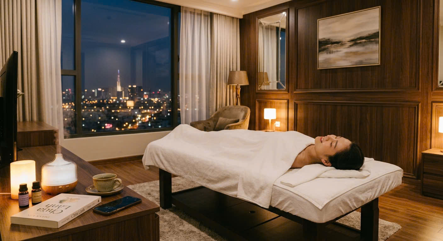 Phụ nữ thư giãn tinh thần sau buổi massage trị liệu tại căn hộ Quận 3
