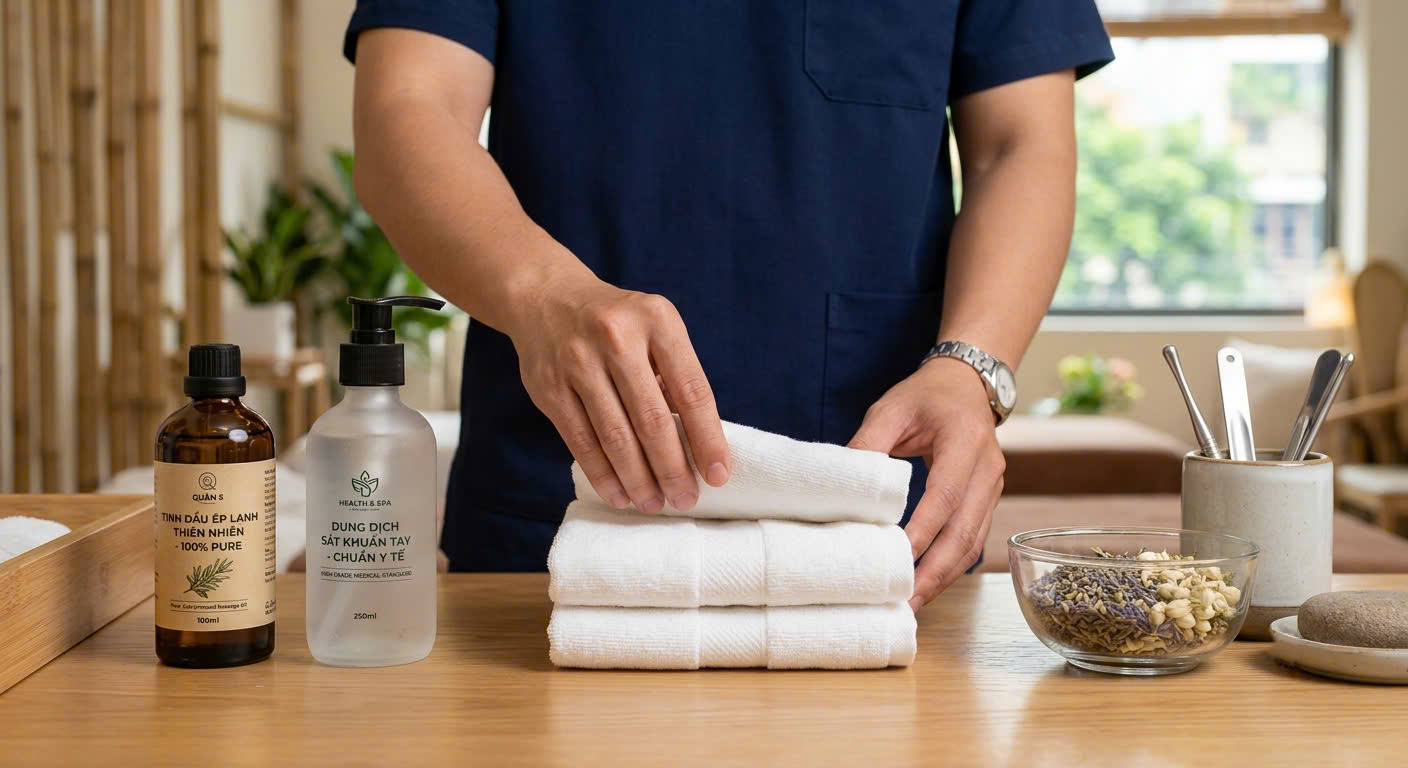Dụng cụ và tinh dầu trị liệu được vệ sinh khử trùng an toàn trước khi massage Yoni Quận 5