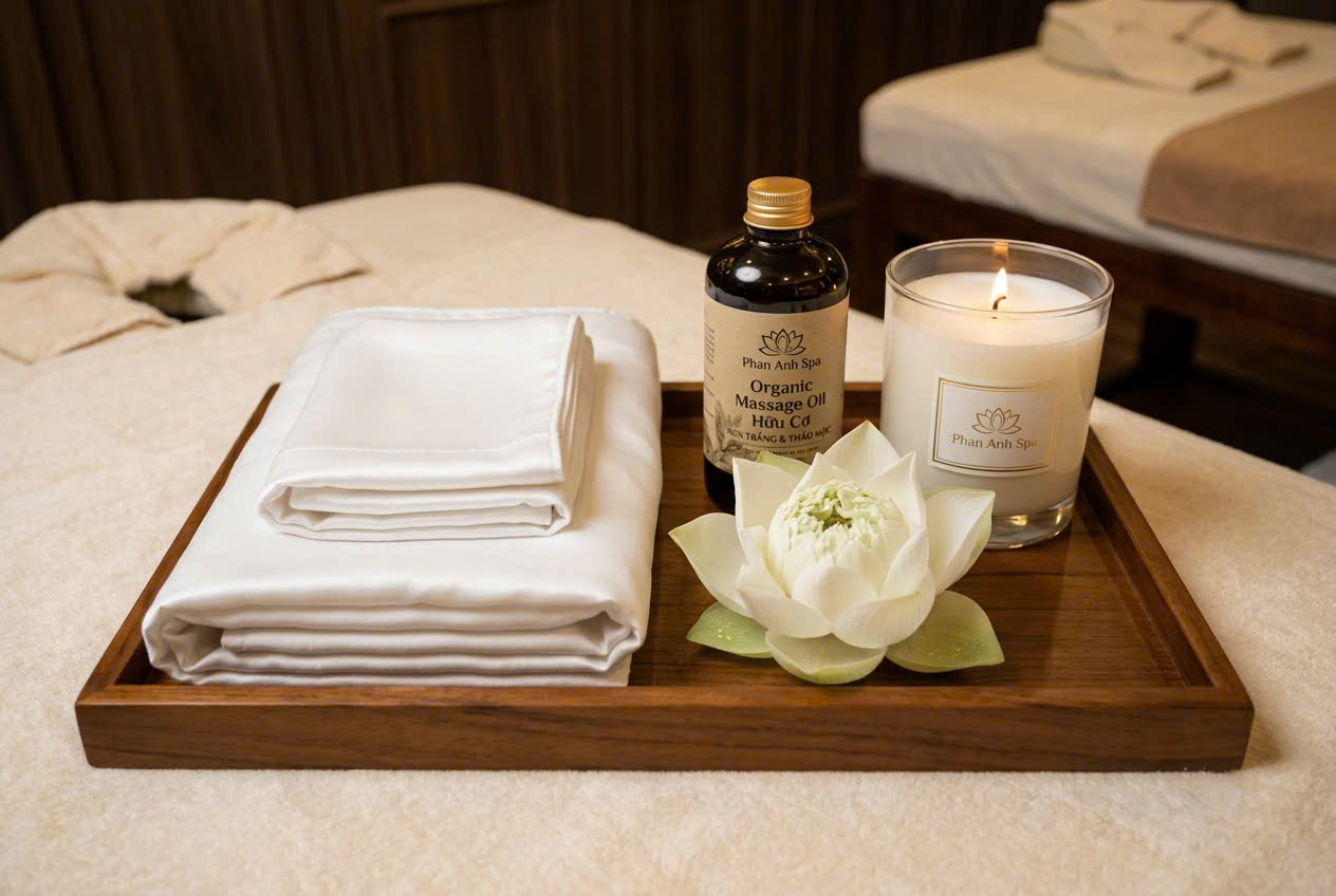 Khăn ấm và dầu massage hữu cơ tiệt trùng cho dịch vụ massage an toàn bảo mật tại Quận 7