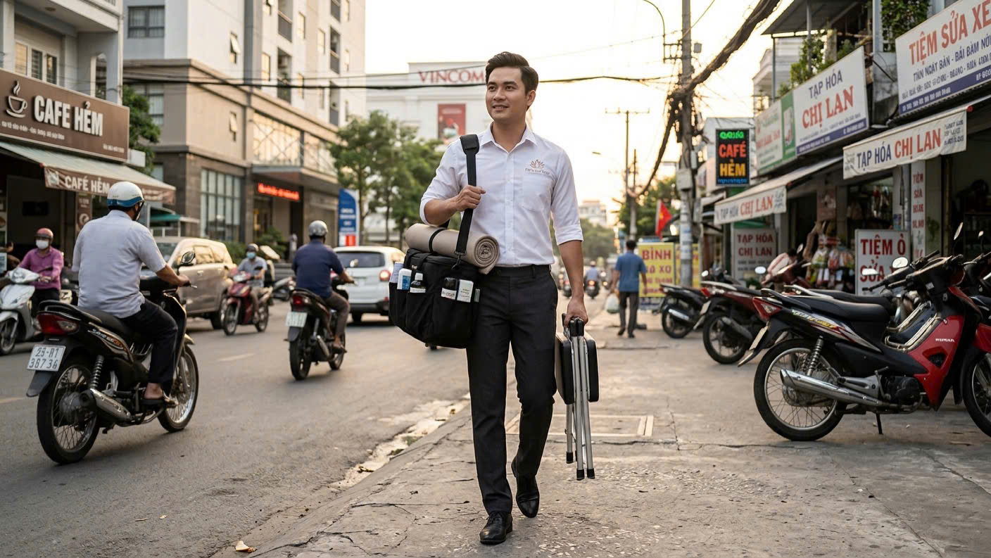 Kỹ thuật viên di chuyển phục vụ massage yoni tận nhà tại các phường thuộc Quận Bình Thạnh