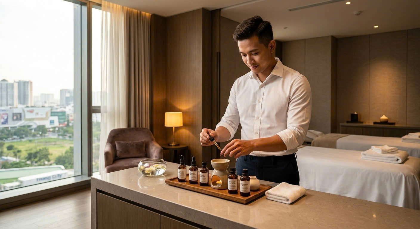 Chuyên viên phục vụ massage yoni trị liệu tại khách sạn khu Trung Sơn