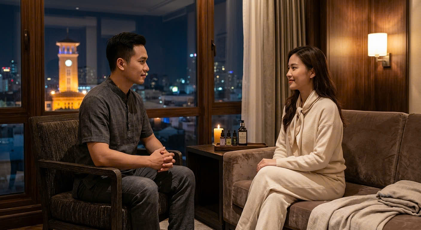 Chuyên viên massage yoni Phan Anh lắng nghe và tư vấn nhẹ nhàng cho khách hàng nữ trước buổi trị liệu