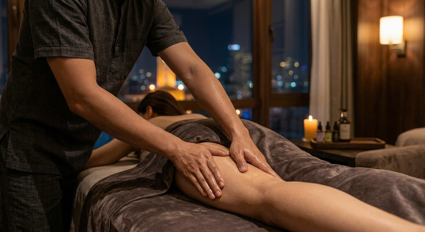 Thao tác miết cơ giải tỏa mệt mỏi trong quy trình massage yoni chuẩn trị liệu Phường Bến Thành