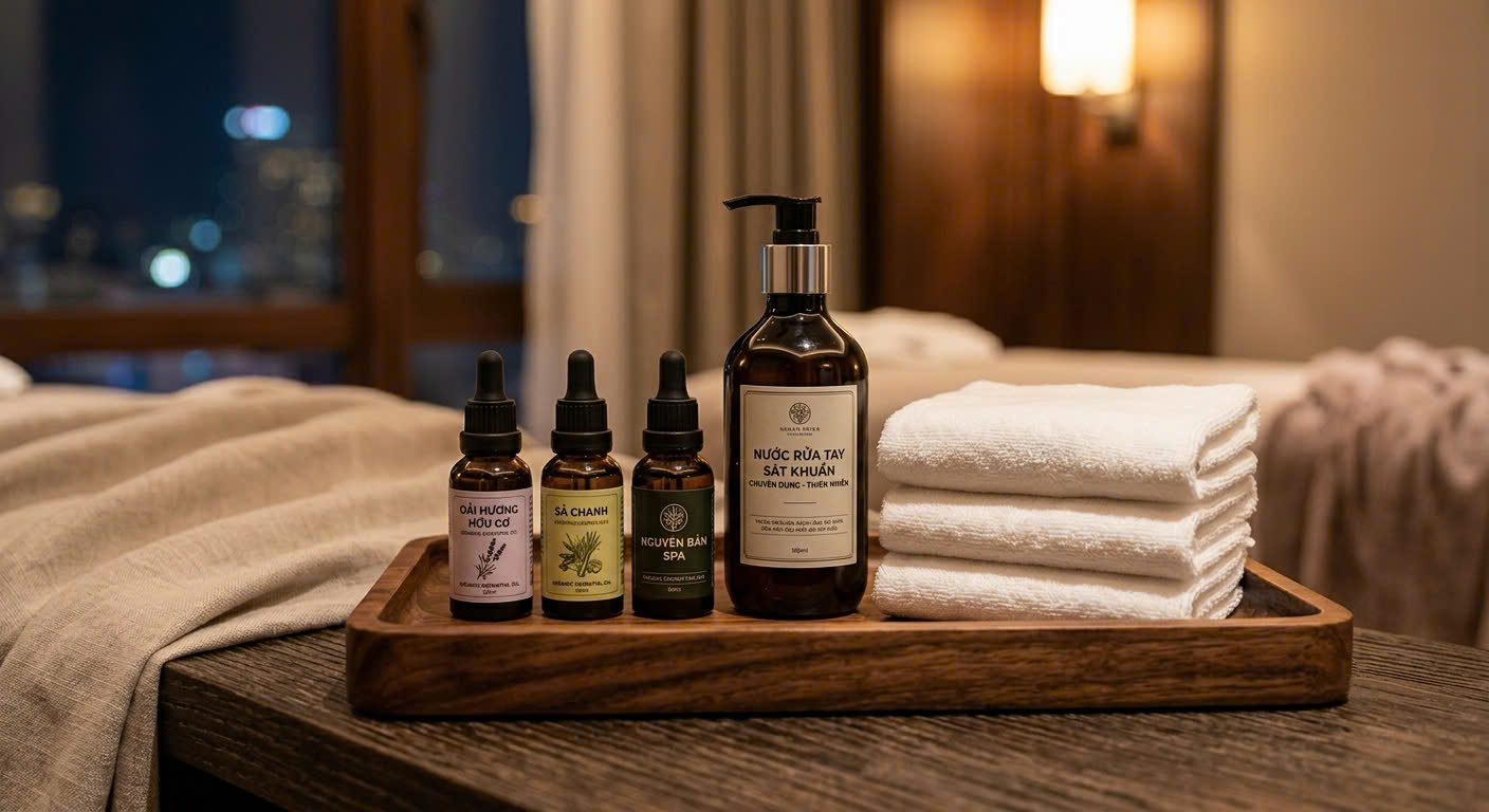 Bộ dụng cụ massage yoni tiệt trùng, khăn tắm trắng dùng 1 lần và lọ tinh dầu thiên nhiên cao cấp