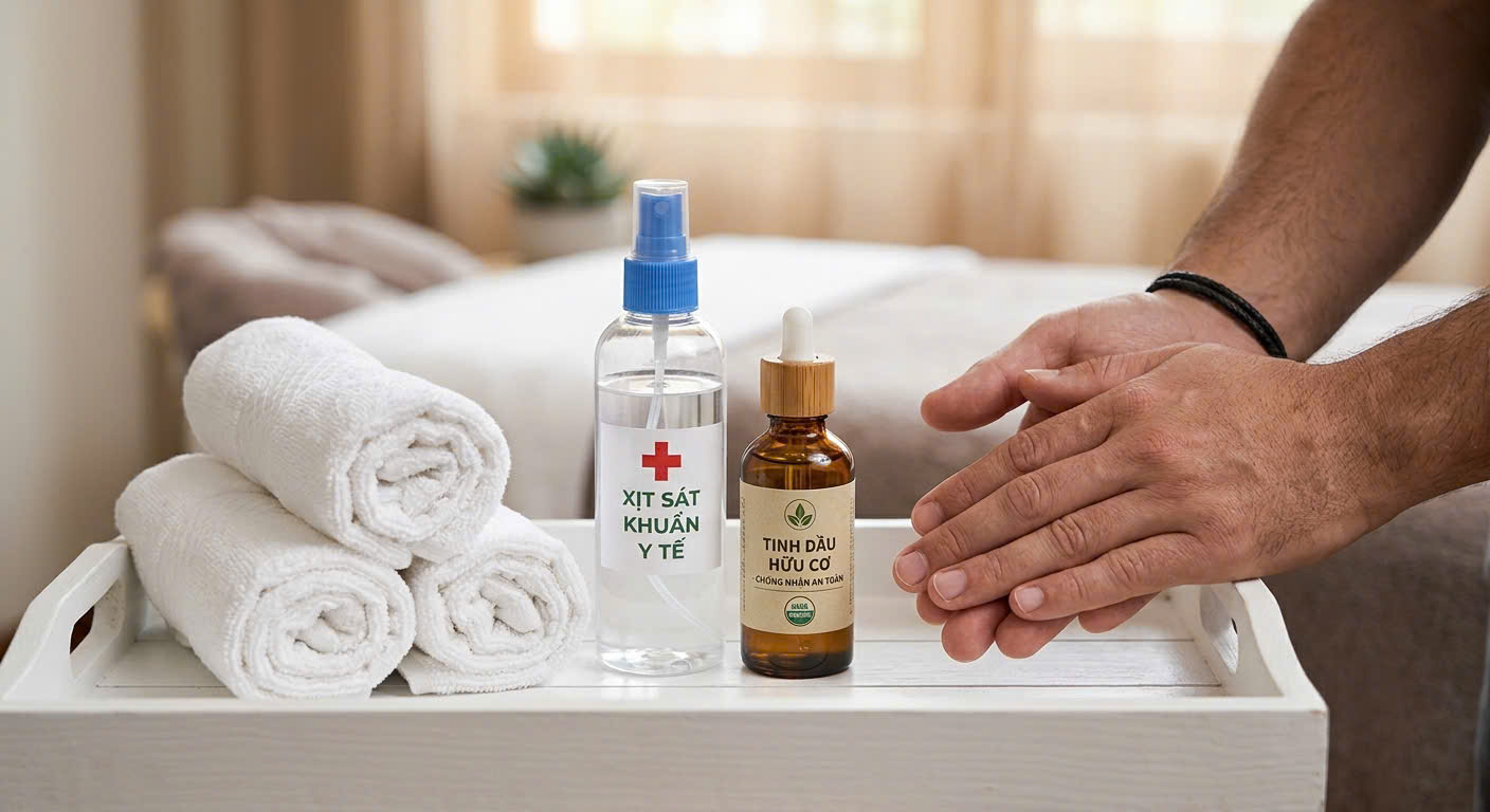 Dụng cụ khăn lau tiệt trùng và tinh dầu hữu cơ an toàn cho massage yoni