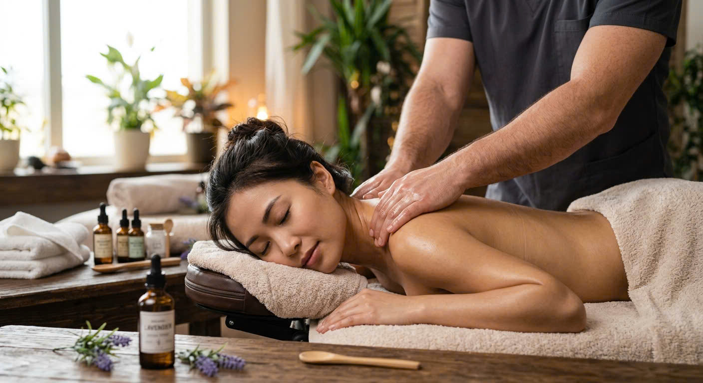 Thao tác massage trị liệu vai gáy toàn thân trong quy trình Yoni bài bản