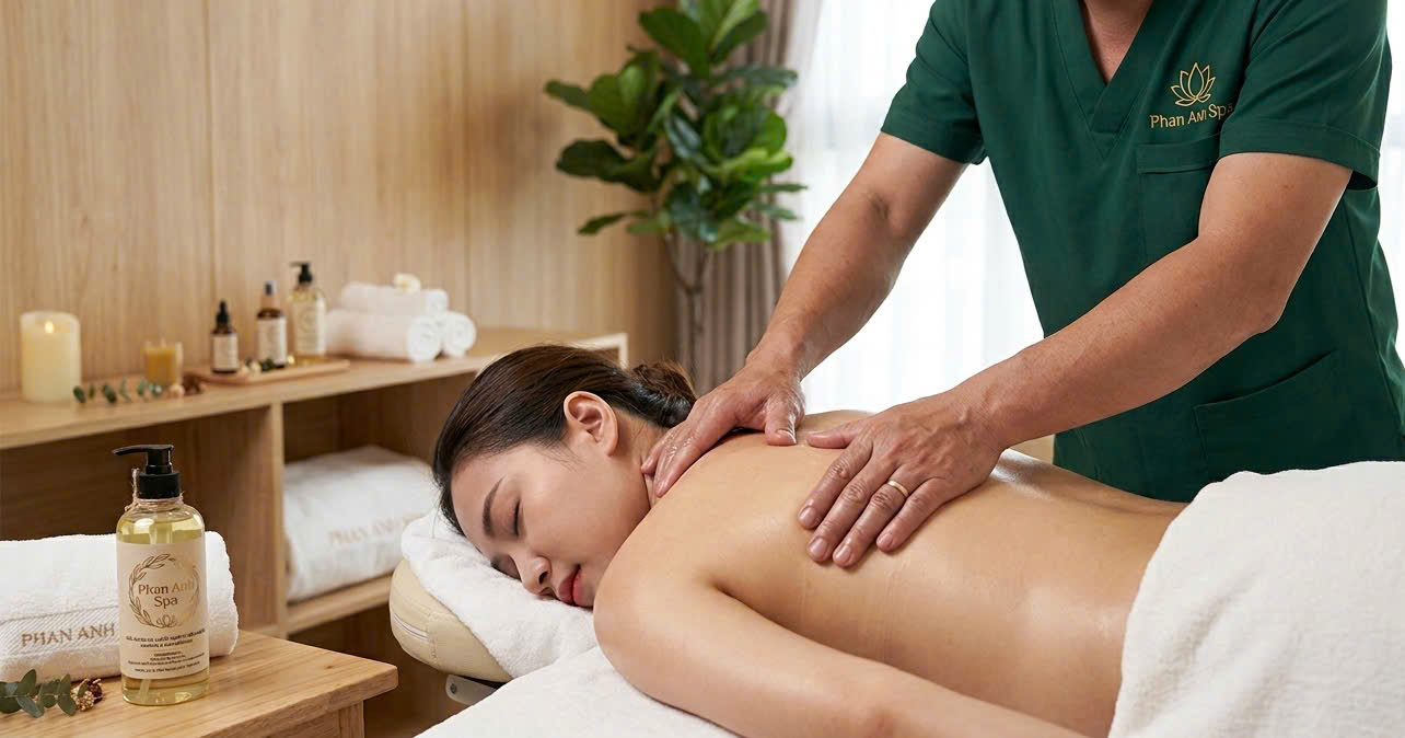 Kỹ thuật viên thực hiện thao tác massage cổ vai gáy giải tỏa mệt mỏi