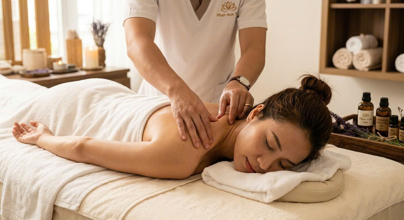 Kỹ thuật viên thực hiện thao tác massage vai cổ gáy giảm căng cơ
